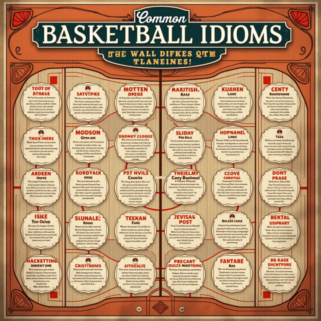 20 Common Basketball Idioms and Their Meanings 3 Flux Dev A vintageinspired educational poster featuring a worn 3