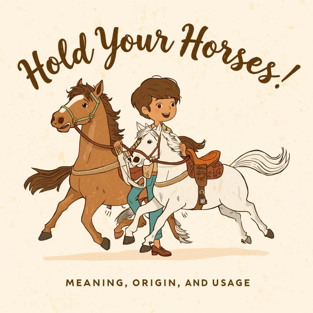 Hold Your Horses: Meaning, Origin, and Usage 2 Lucid Realism A whimsical illustration of a person holding the 2