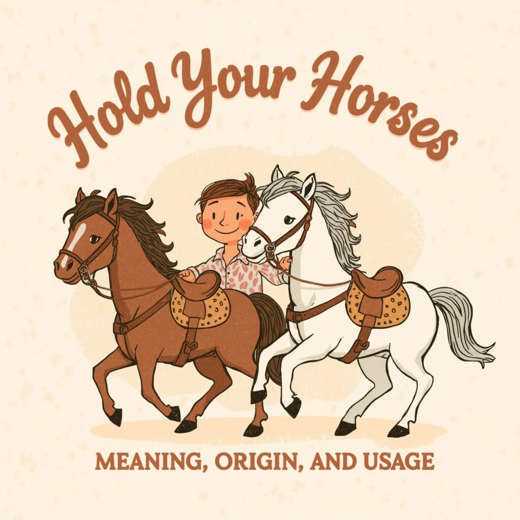 Hold Your Horses: Meaning, Origin, and Usage 3 Lucid Realism A whimsical illustration of a person holding the 3