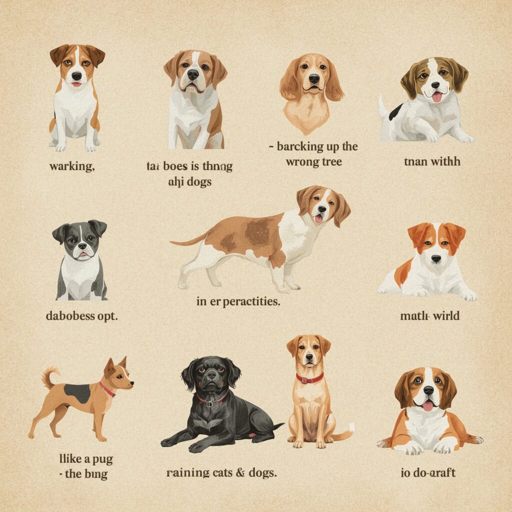 30 Idioms for Dogs 2 Lucid Realism A whimsical illustration showcasing 30 idioms fe 2